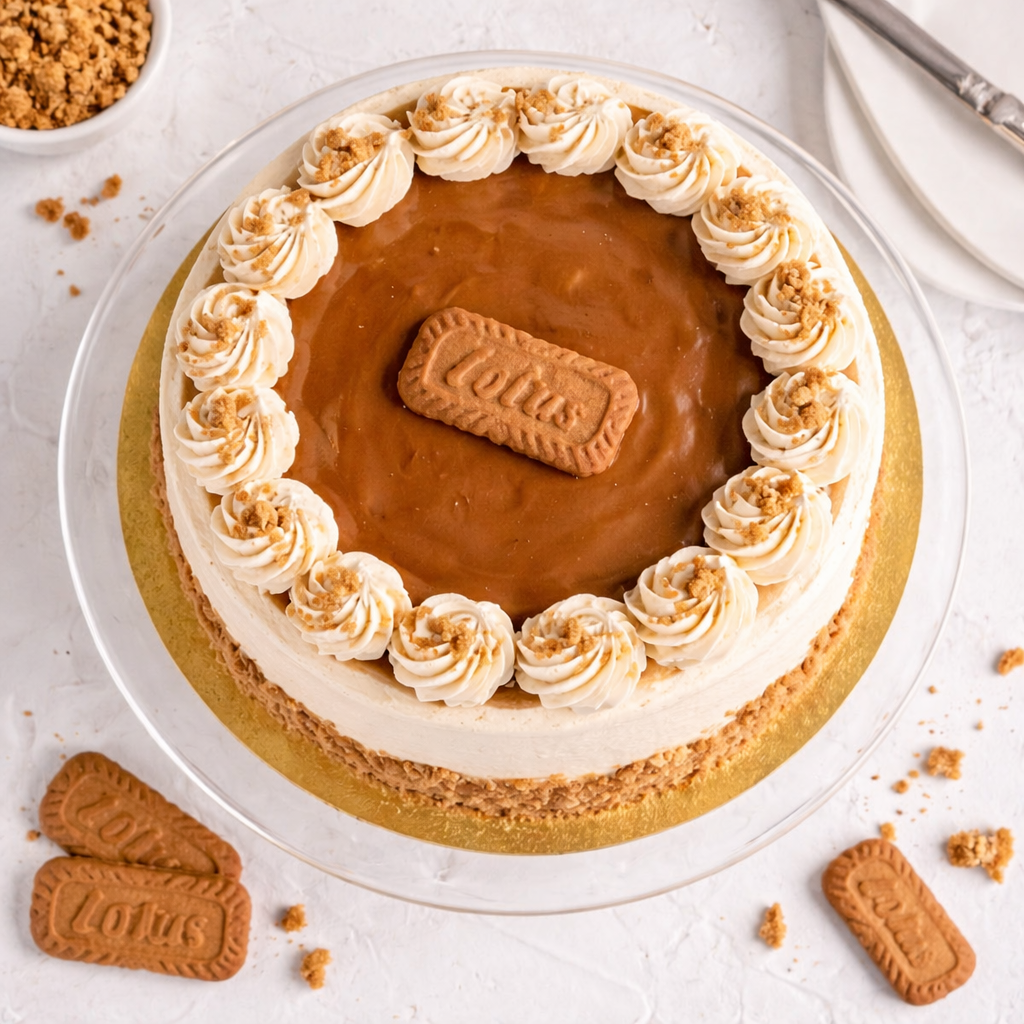 A decadent Belgstrew Biscoff Cake topped with whole Lotus biscuits and a smooth caramel-biscuit drip.