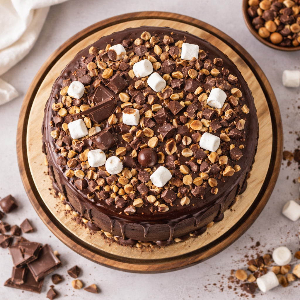 A decadent Belgstrew Rocky Road Cake topped with an abundance of roasted nuts, chocolate chunks, and a rich cocoa drizzle.