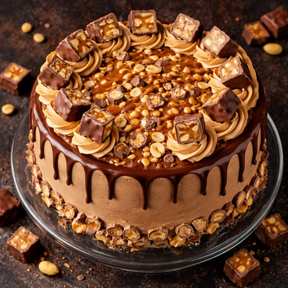 A decadent Belgstrew Snickers Cake topped with whole roasted peanuts and a thick chocolate drizzle.