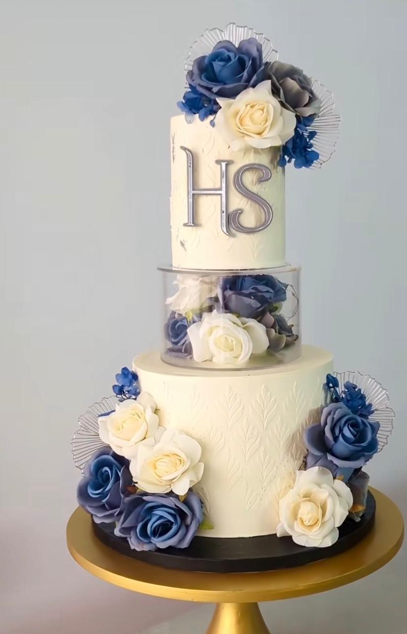 Modern Monogram Wedding Tier Cake with Blue Florals