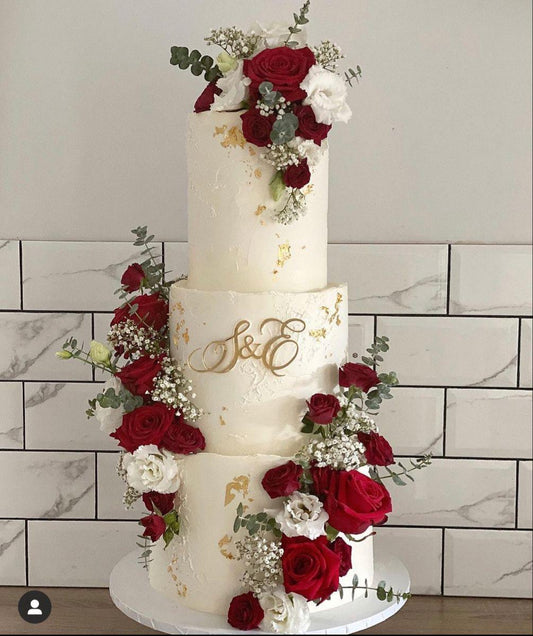 Red Rose Luxury Wedding Tier Cake with Monogram | Custom Cake in Gurugram