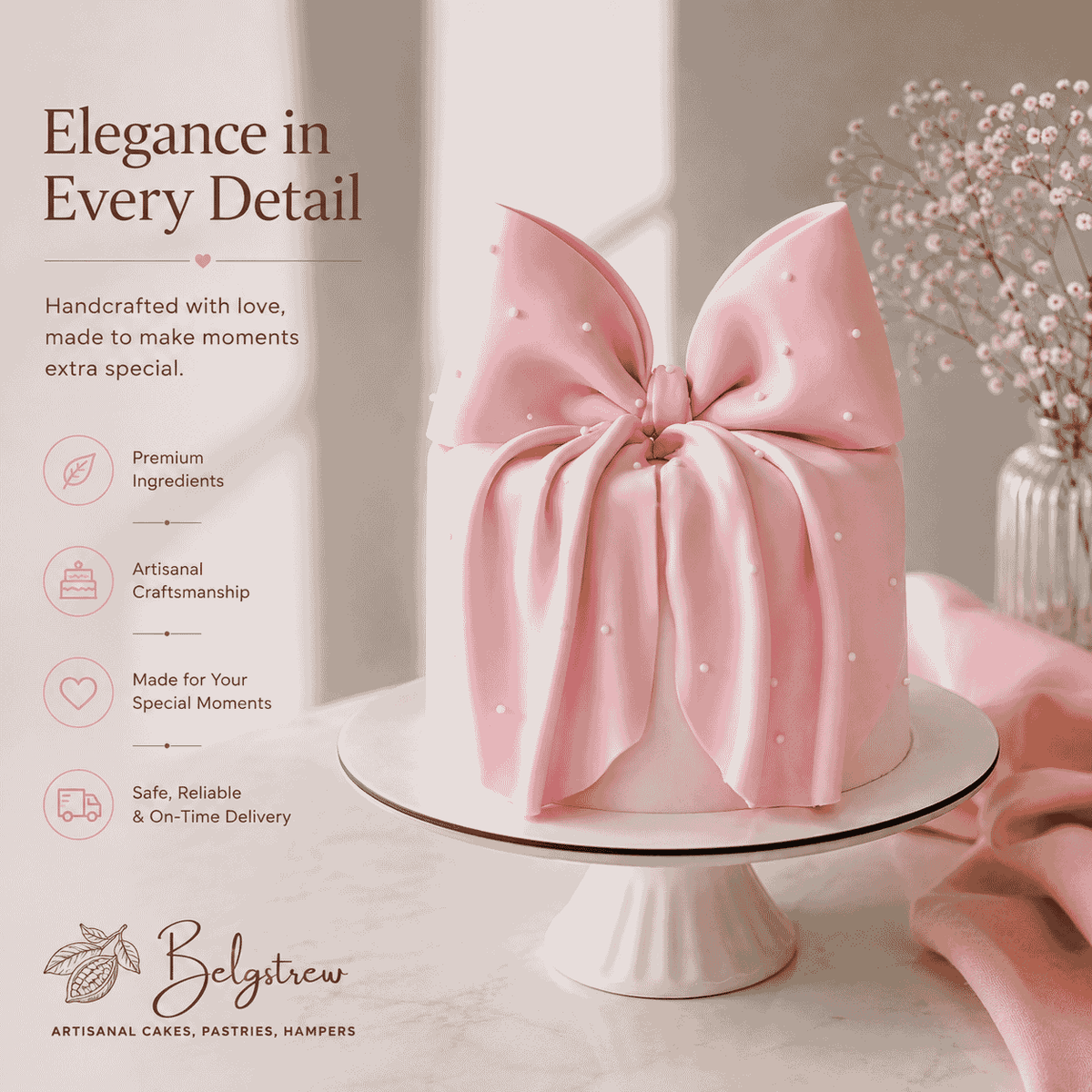A round ivory celebration cake topped with an oversized sculpted matte blush pink bow draped over the sides and dotted with delicate white sugar pearls.
