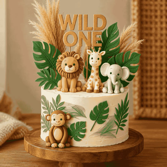 A round warm ivory boho safari first birthday cake with handcrafted lion, giraffe, elephant, and monkey figurines, pampas grass, and a gold Wild One topper.