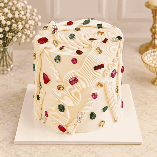A tall ivory frosted celebration cake featuring fluid hand-piped textured ribbon waves embellished with colorful sparkling faceted jewel stones.