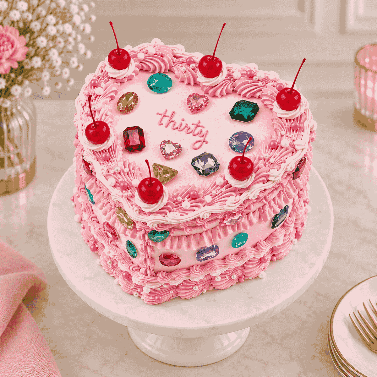 A heart-shaped pink vintage Lambeth cake decorated with piped ruffles, colorful faceted gemstone crystals, pearls, glossy red cherries, and piped thirty script.