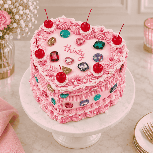 A heart-shaped pink vintage Lambeth cake decorated with piped ruffles, colorful faceted gemstone crystals, pearls, glossy red cherries, and piped thirty script.