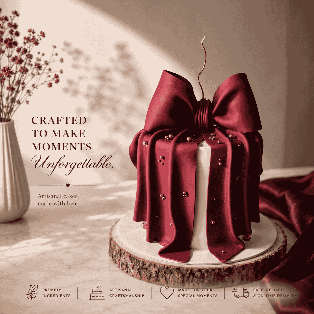A tall ivory round celebration cake decorated with a large sculpted deep crimson burgundy bow draped over the sides, gold sugar pearls, and a spiral gold candle.