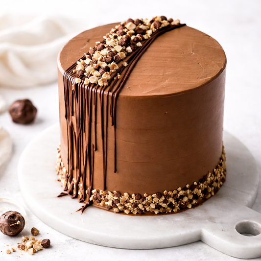 A decadent Belgstrew Milk Chocolate Cake showing a Nutella swirl and a smooth, glossy chocolate truffle finish.