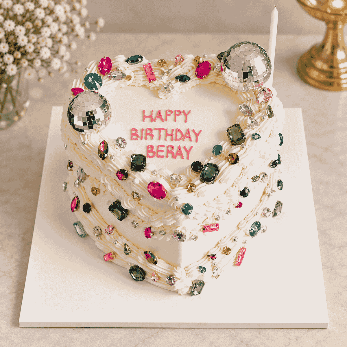 A heart-shaped ivory Lambeth cake with intricate piped ruffles, vibrant gemstone crystals, twin silver disco balls, and piped Happy Birthday lettering.