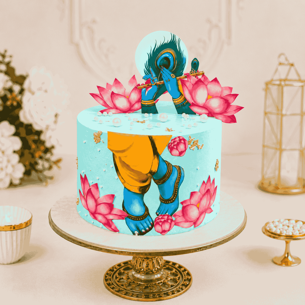 A tall aqua turquoise festive cake decorated with an artistic illustration of Lord Krishna, blooming pink lotuses, a peacock feather, and a golden flute.