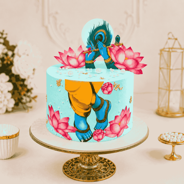 A tall aqua turquoise festive cake decorated with an artistic illustration of Lord Krishna, blooming pink lotuses, a peacock feather, and a golden flute.