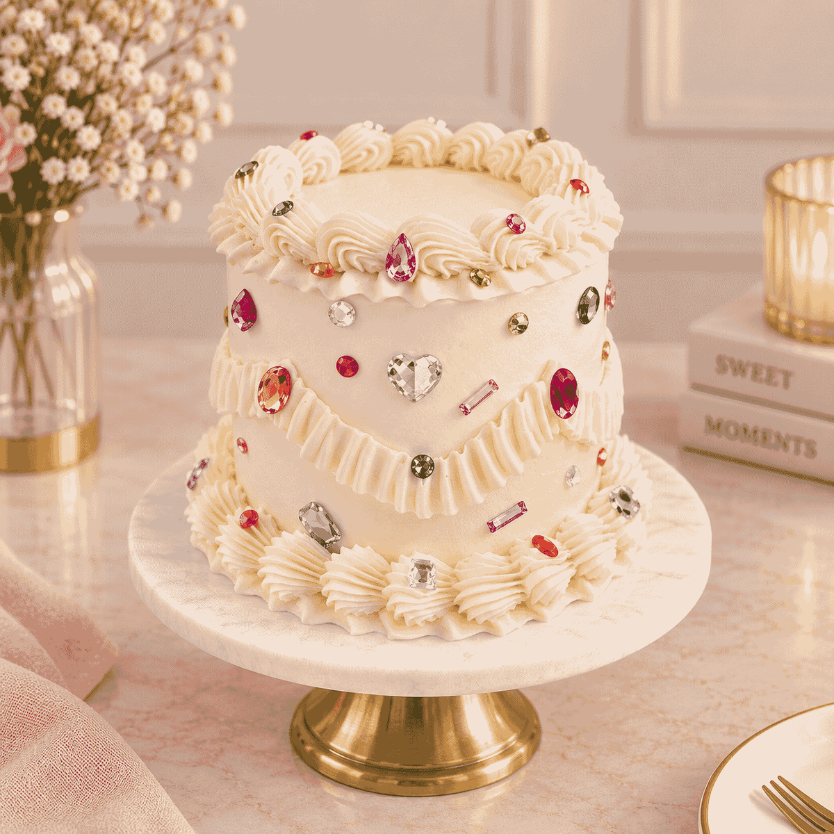 A tall round ivory vintage Lambeth cake featuring deep pleated piped swags, rosette shell borders, and colorful faceted crystal jewels with a diamond heart center.