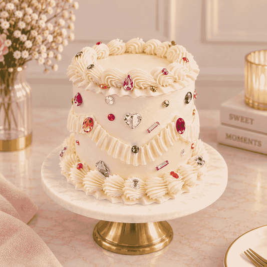 A tall round ivory vintage Lambeth cake featuring deep pleated piped swags, rosette shell borders, and colorful faceted crystal jewels with a diamond heart center.