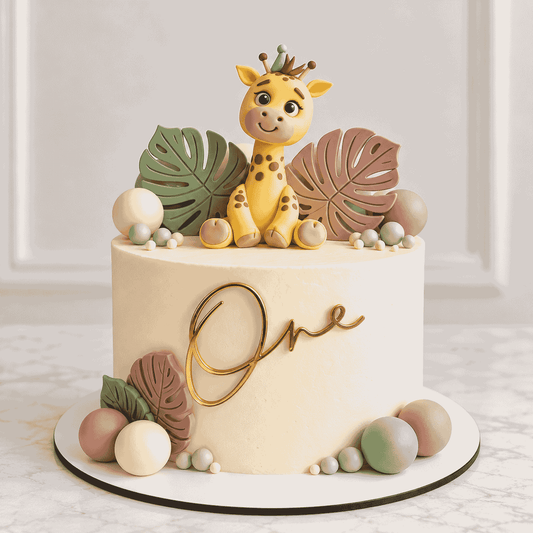 An ivory round boho safari first birthday cake with a handcrafted baby giraffe topper, sage and mauve palm leaves, smooth spheres, and gold One script