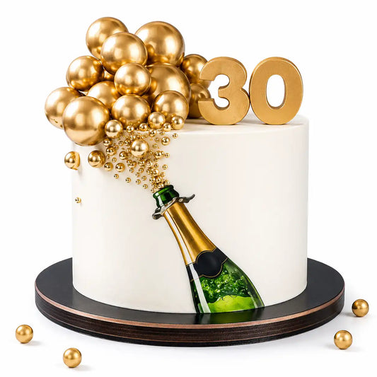 A premium round 30th birthday cake with smooth white cream frosting, featuring a champagne bottle graphic that explodes into a massive cluster of multi-sized metallic gold spheres as seen in image.