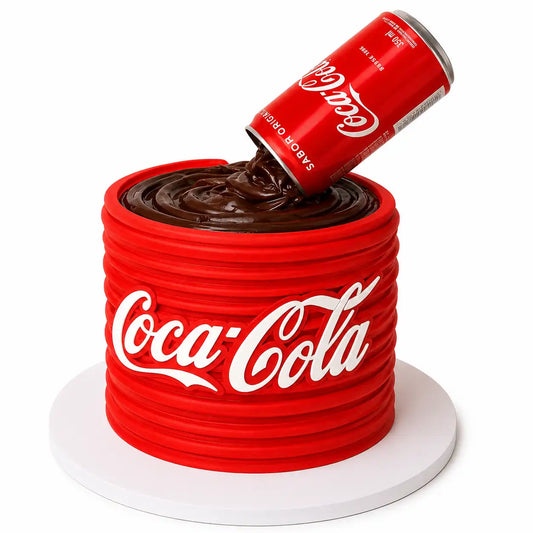 A tall round birthday cake with a horizontally textured red frosting body, custom white cursive Coca-Cola logo text on the front, and a gravity-defying red soda can floating and pouring a thick wave of chocolate fudge onto the top as seen in image.
