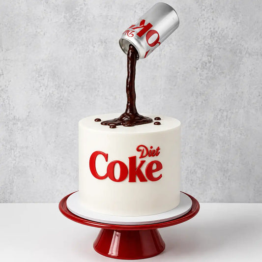 A tall round minimalist white cake featuring a gravity defying illusion with a silver diet coke can floating in the air and pouring a stream of dark cola onto the top, with red 3D logo text on the front as seen in image.