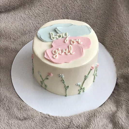 A minimalist white cake with a painterly blue and pink frosting stroke design on top, cursive writing saying boy or girl, and small piped wildflowers on the sides.