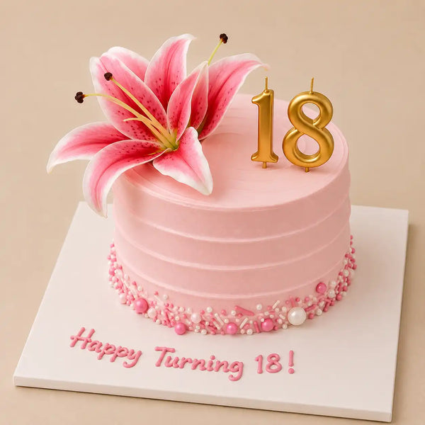 A tall round pastel pink birthday cake with horizontal grooved icing and a border of pink and white sprinkles around the base, topped with a large pink tiger lily and gold number 18 candles.