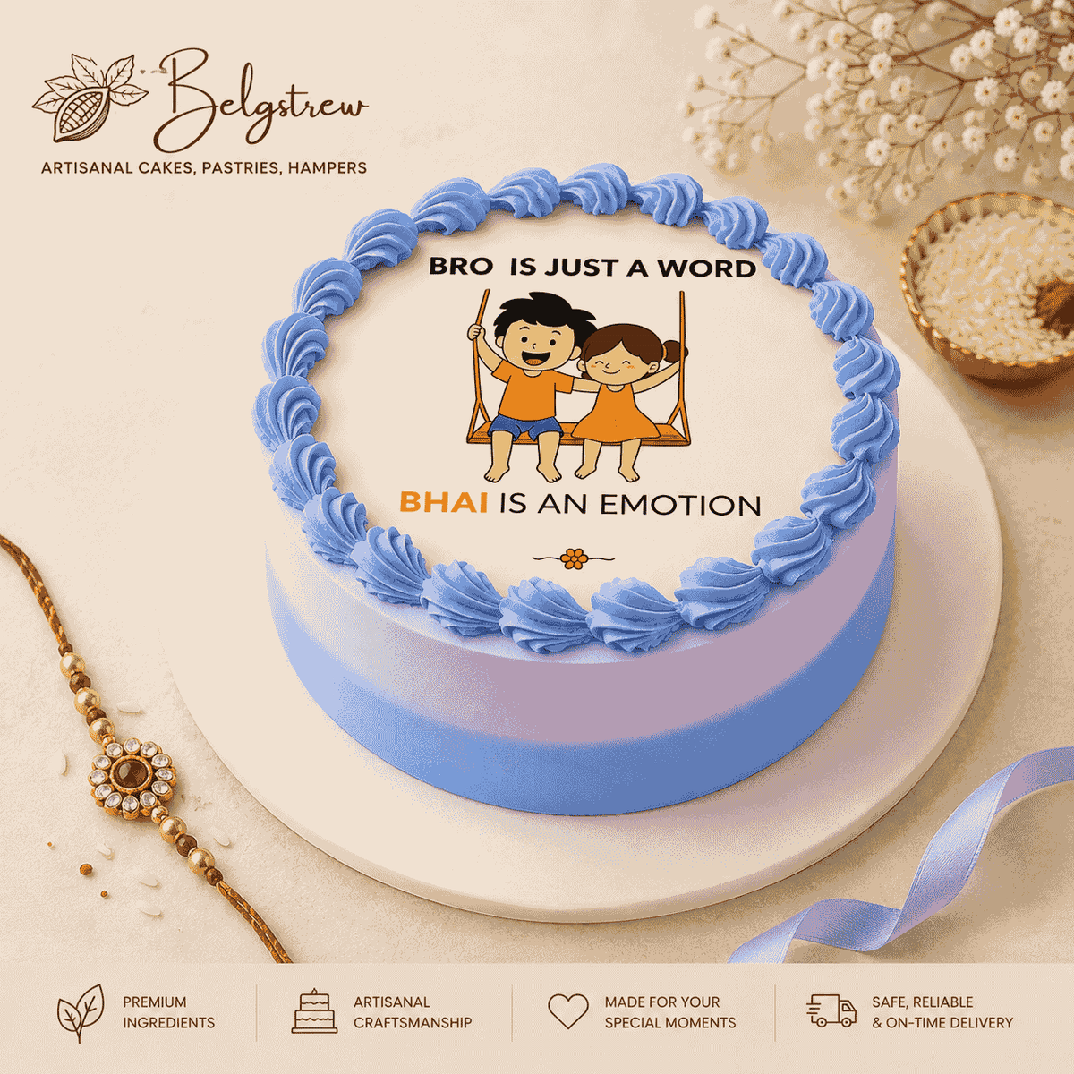 A round celebration cake with pastel purple and blue frosting, royal blue piped swirls, and an edible top illustration of siblings on a swing with text reading Bro is just a word, Bhai is an emotion.