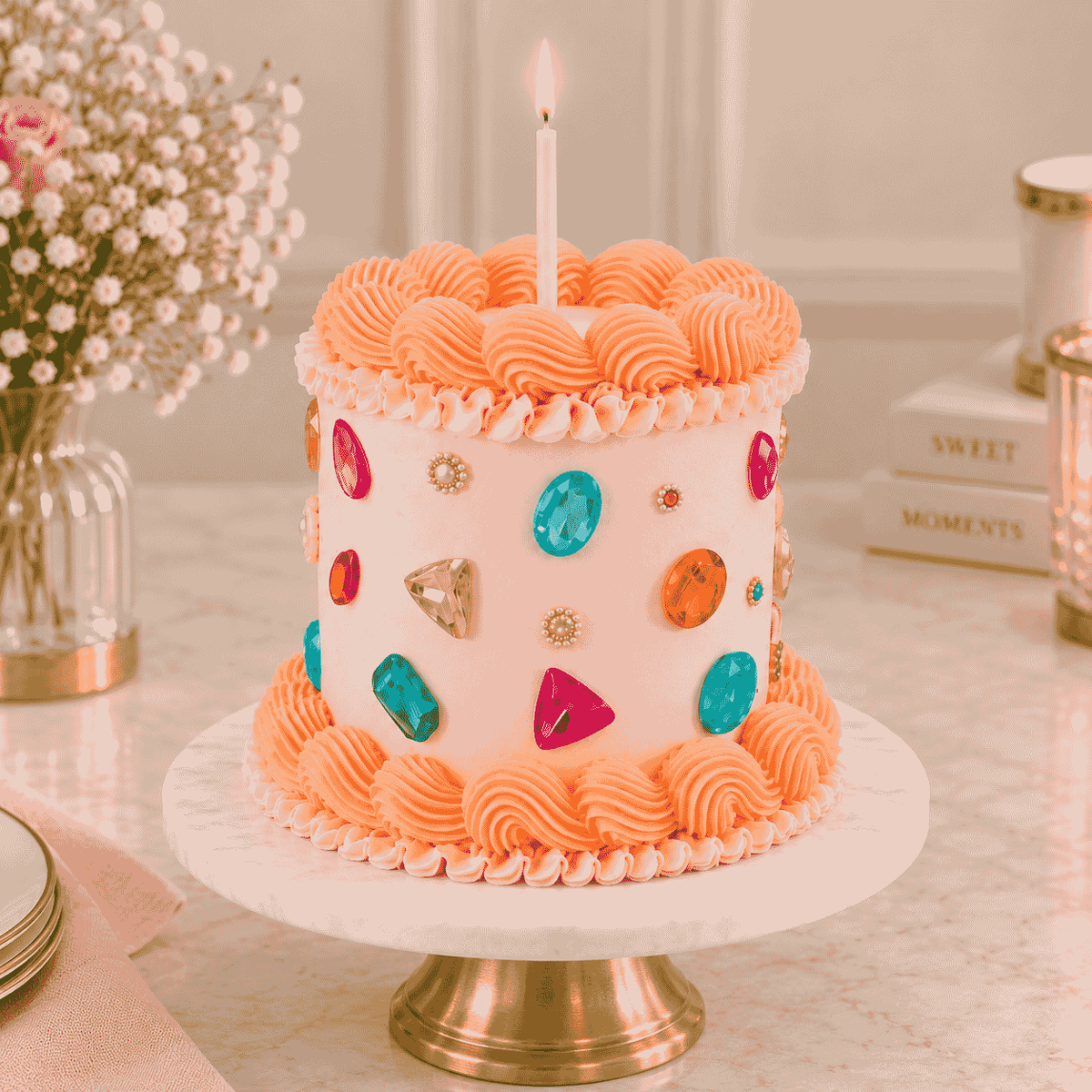 A tall pastel pink celebration cake with peach-orange piped shell borders, colorful faceted gemstone crystals, pearl brooches, and a lit pink candle in the center.