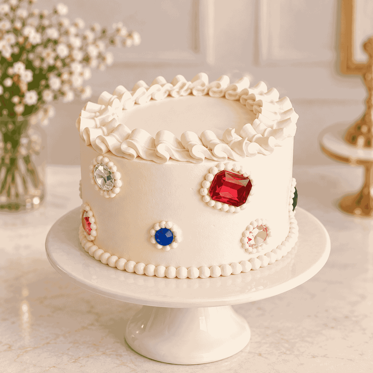 A petite round ivory frosted cake featuring pleated ribbon top ruffles and colorful faceted gemstone crystals framed with delicate white piped pearl borders.
