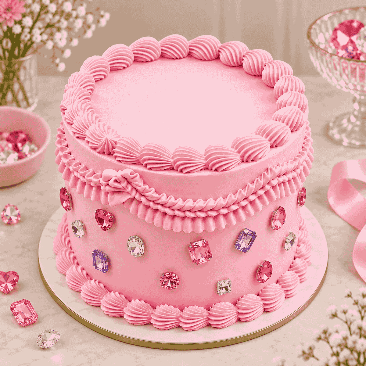 A tall round pastel pink vintage Lambeth celebration cake with piped shell borders, swags, bows, and colorful pink, purple, and diamond crystal jewels.