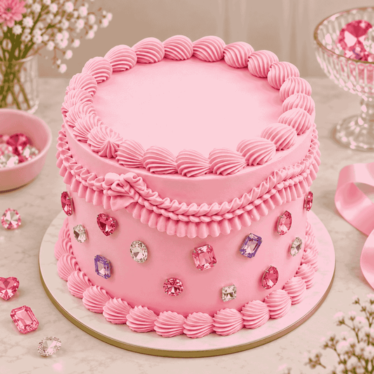 A tall round pastel pink vintage Lambeth celebration cake with piped shell borders, swags, bows, and colorful pink, purple, and diamond crystal jewels.