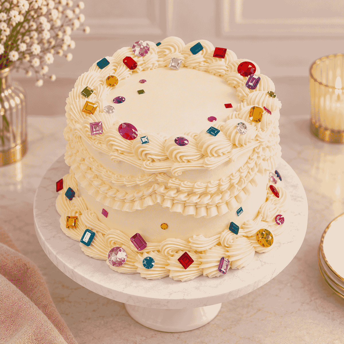 An ivory round vintage Lambeth cake featuring detailed piped shell borders, ruffled swags, and colorful multifaceted jewel stones around the top and base.