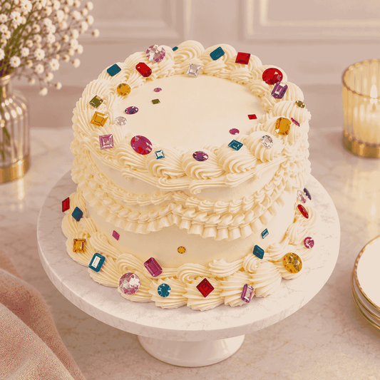 An ivory round vintage Lambeth cake featuring detailed piped shell borders, ruffled swags, and colorful multifaceted jewel stones around the top and base.