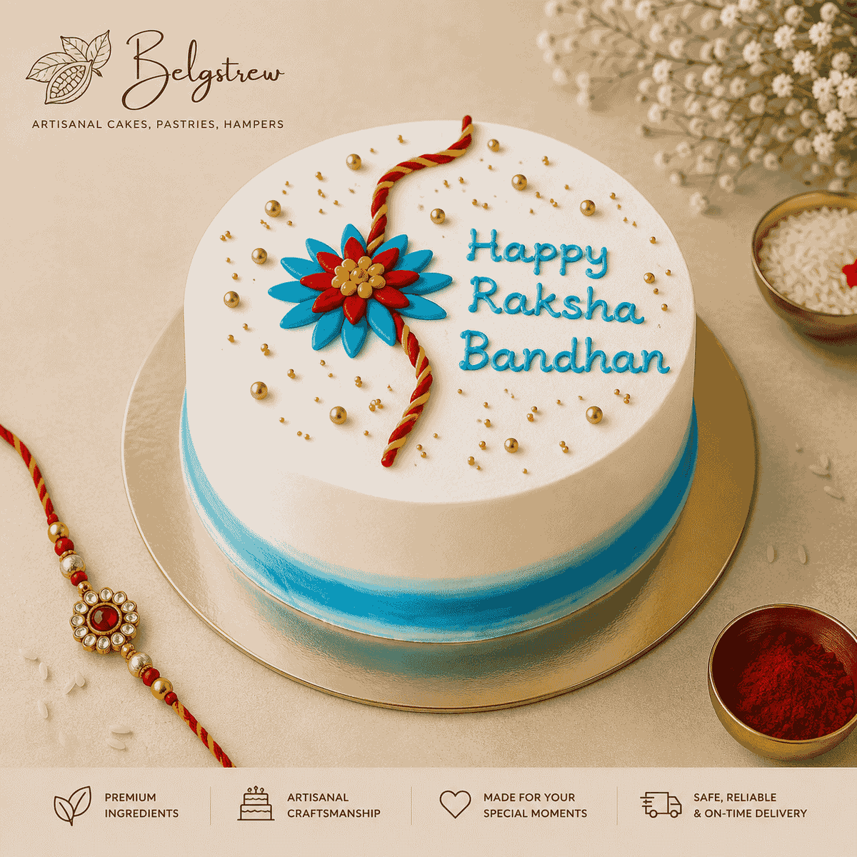 A round white festive cake with a soft blue watercolor base, decorated with a handcrafted blue and red floral rakhi thread, scattered gold pearls, and blue Happy Raksha Bandhan script.