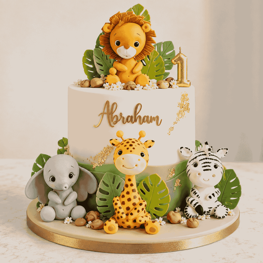 A tall ivory and sage green safari first birthday cake with handcrafted fondant lion, giraffe, elephant, and zebra figurines, gold accents, and an Abraham name plaque.