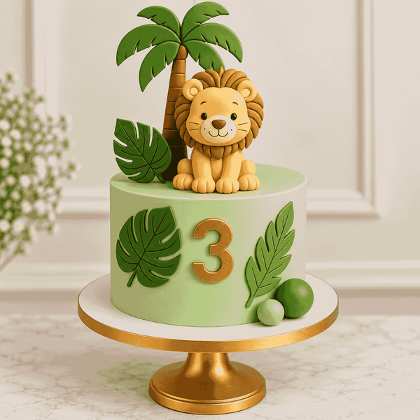 A round pale sage green safari cake decorated with a sculpted palm tree, handcrafted baby lion cub, tropical foliage, and the number 3 on the front.