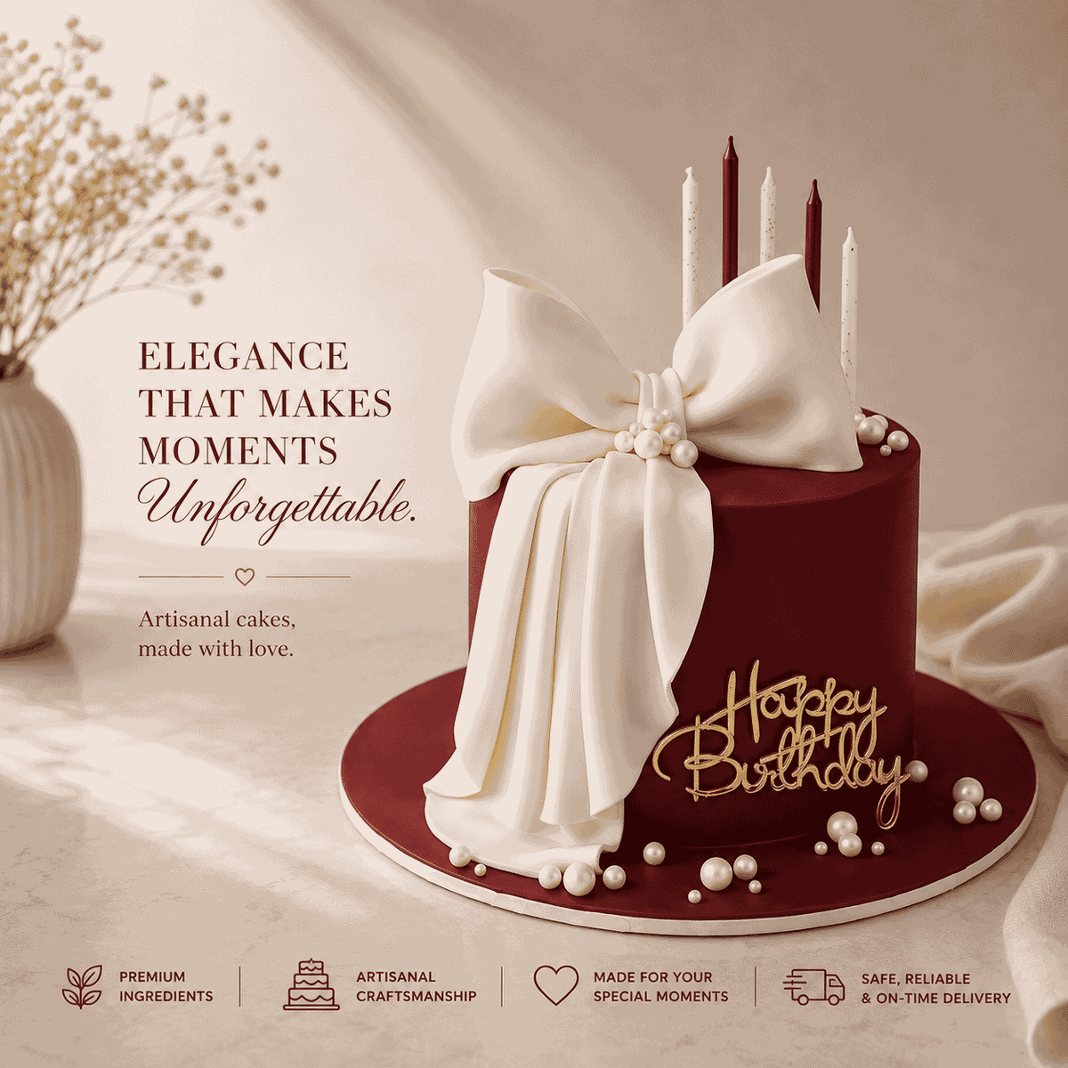 A round rich red celebration cake decorated with a large sculpted white bow draping down the side, white sugar pearls, gold Happy Birthday topper, and slender candles.