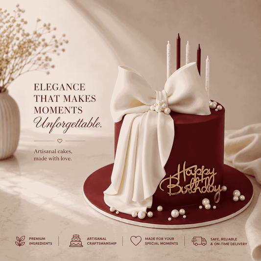 A round rich red celebration cake decorated with a large sculpted white bow draping down the side, white sugar pearls, gold Happy Birthday topper, and slender candles.