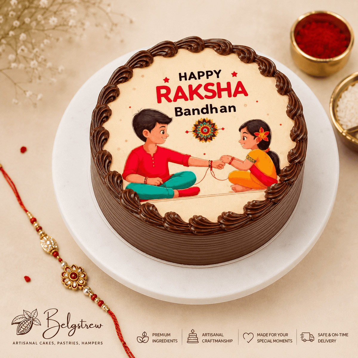 A round chocolate frosted celebration cake framed with rosettes and an edible top illustration of a brother and sister tying a rakhi.