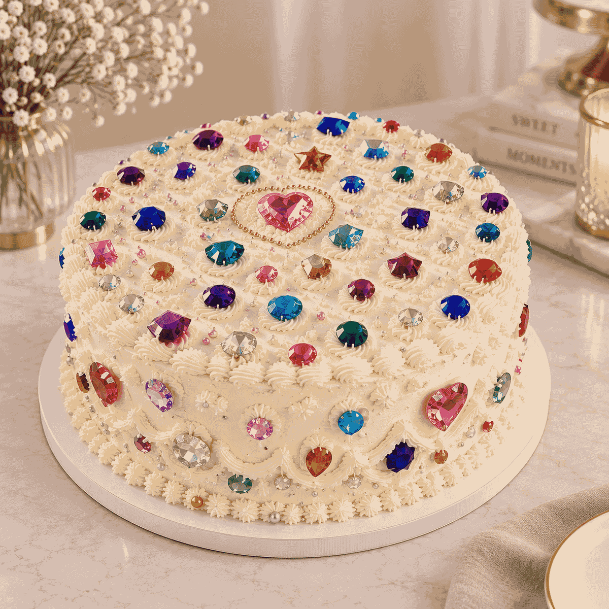 A grand round ivory Victorian Lambeth cake encrusted with colorful faceted gemstone crystals, pearls, and a large pink crystal heart medallion in the center.
