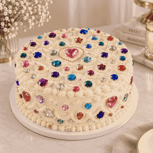 A grand round ivory Victorian Lambeth cake encrusted with colorful faceted gemstone crystals, pearls, and a large pink crystal heart medallion in the center.