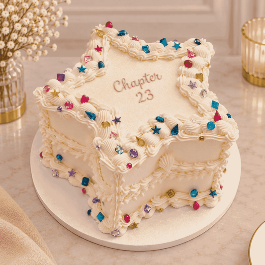 A five-pointed star shaped ivory vintage Lambeth cake decorated with piped shell borders, colorful faceted gemstone crystals, and Chapter 23 script.