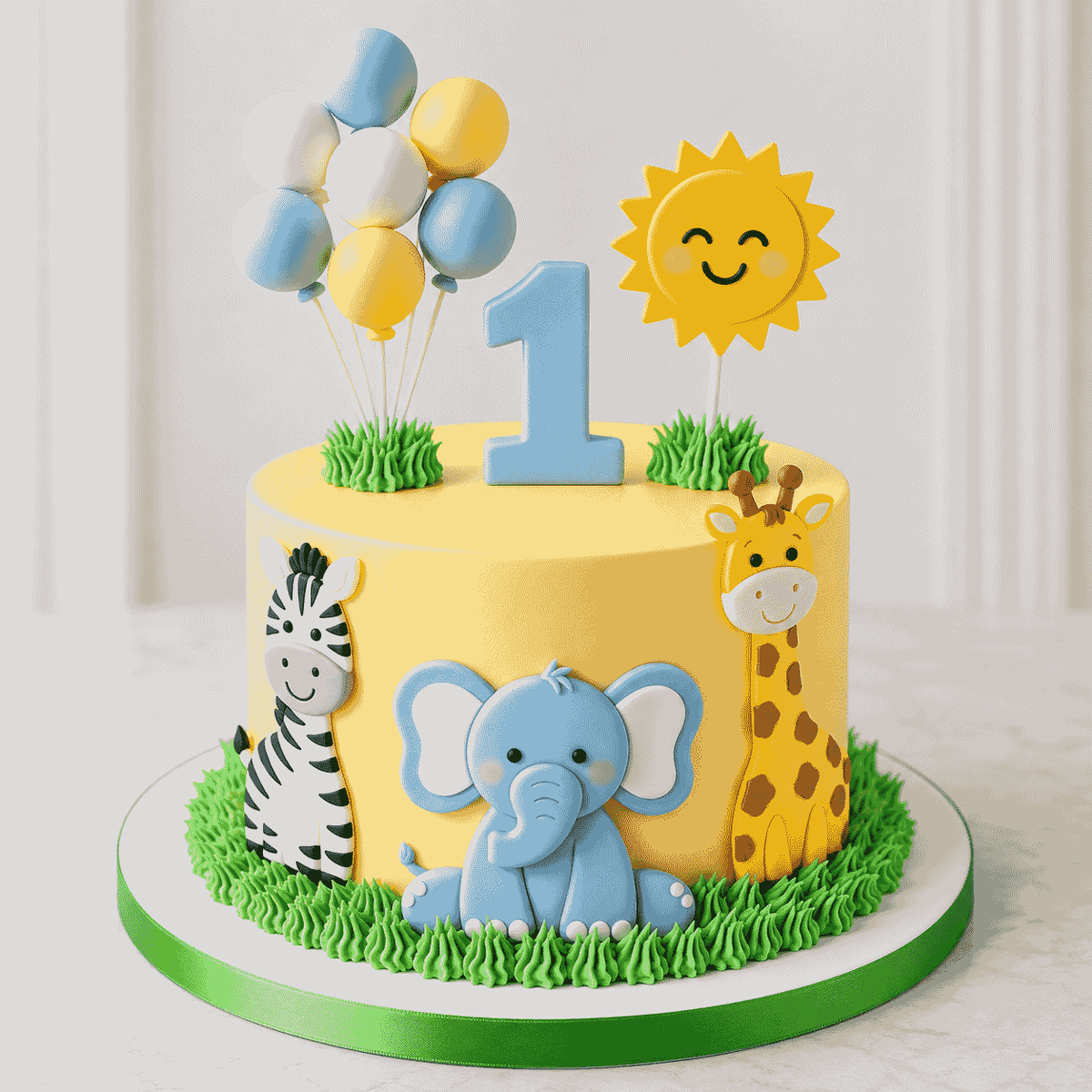 A yellow pastel safari first birthday cake with piped green grass, baby elephant, giraffe, zebra fondant toppers, balloons, and a smiling sun with number one.