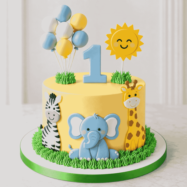 A yellow pastel safari first birthday cake with piped green grass, baby elephant, giraffe, zebra fondant toppers, balloons, and a smiling sun with number one.