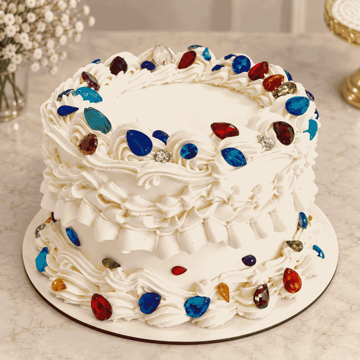 A round white frosted vintage Lambeth cake featuring detailed piped ruffles, garlands, and colorful faceted gemstone crystals adorning the top and base.