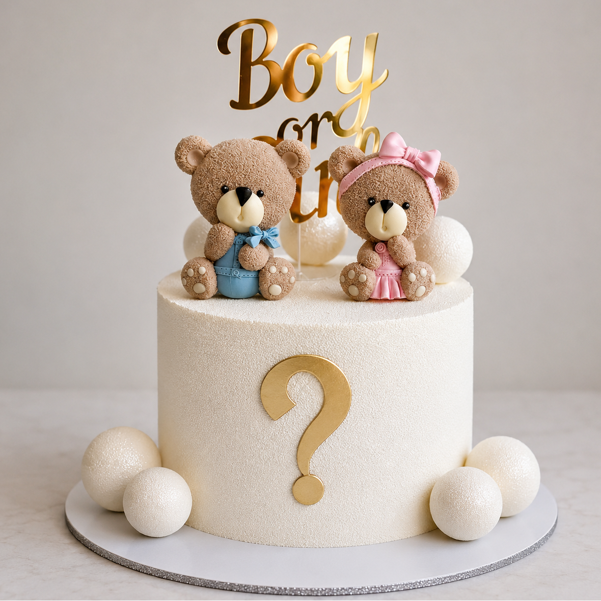 A tall ivory velvet-textured baby shower cake featuring a gold mirror accent, white spheres, and a gold 'Oh Baby' topper with two detailed teddy bears in blue and pink.